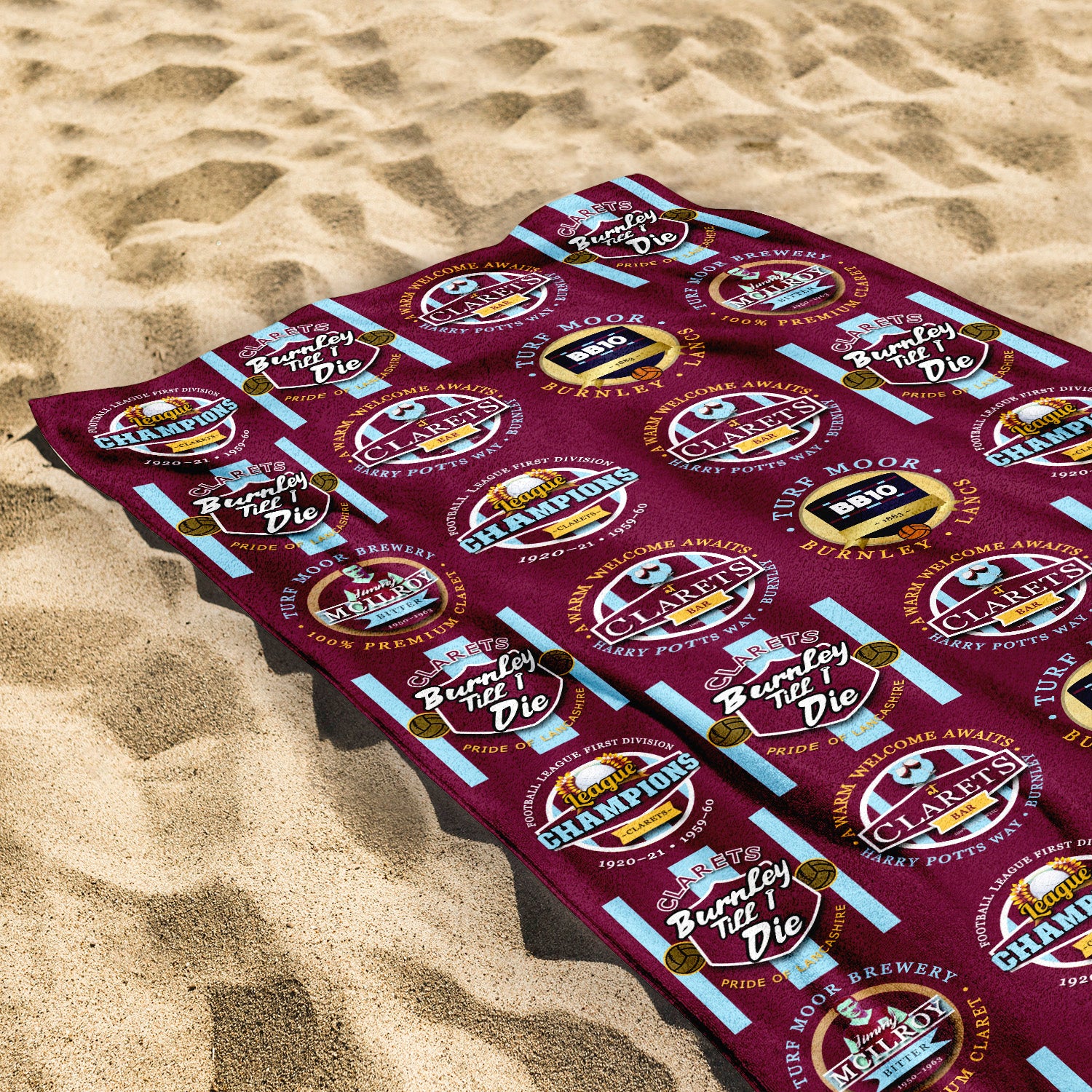 Burnley - Football Legends - Personalised Lightweight, Microfibre Retro Beach Towel - 150cm x 75cm