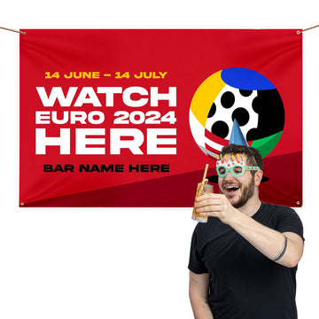 Watch The Euros Here - Red and White - Personalised 5ft x 3ft Fabric Banner