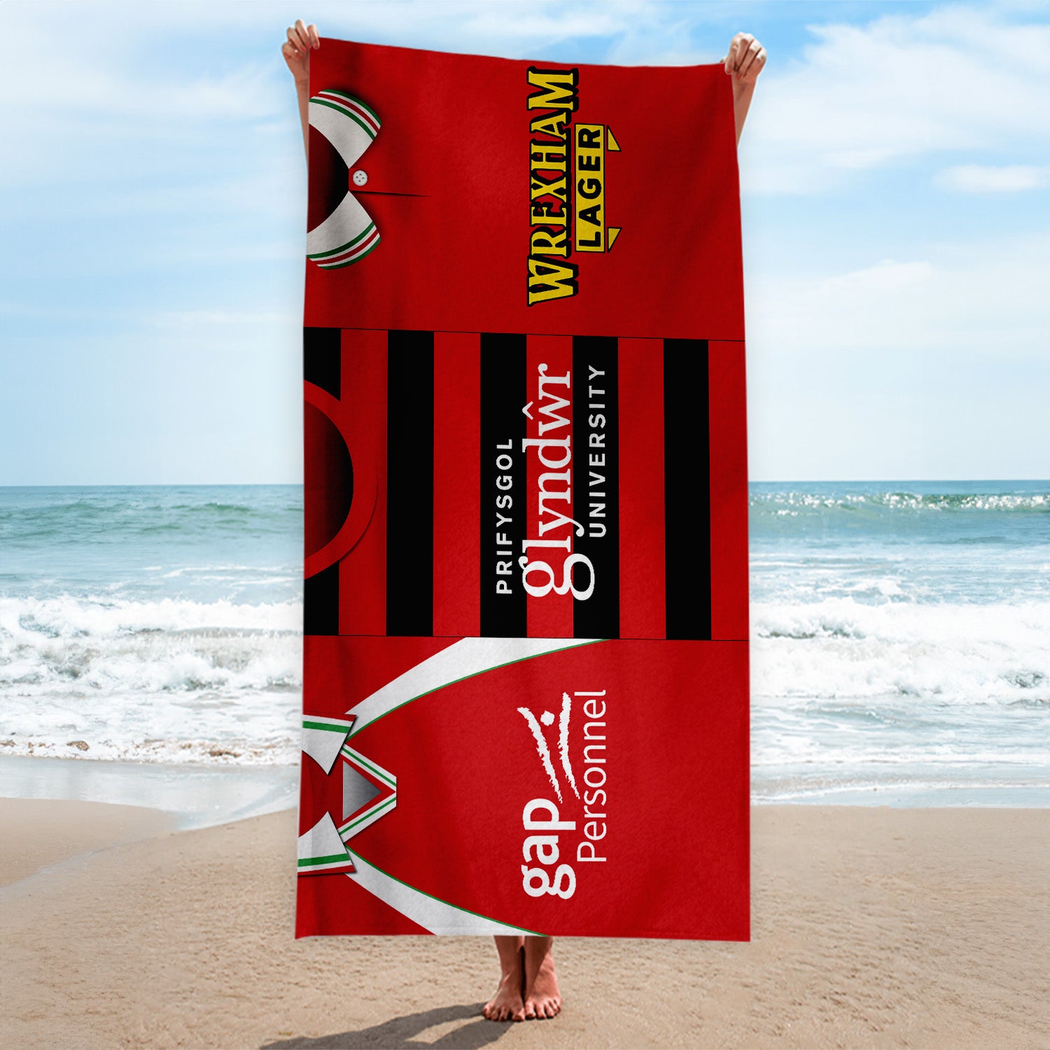 Wrexham Three Shirt Design - Personalised Lightweight, Microfibre Retro Beach Towel - 150cm x 75cm