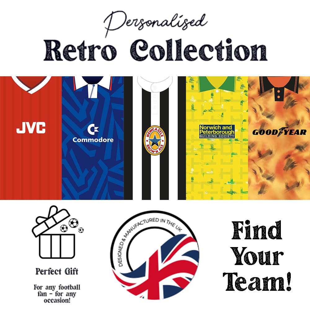 Example line up of our retro football kit personalised gift designs