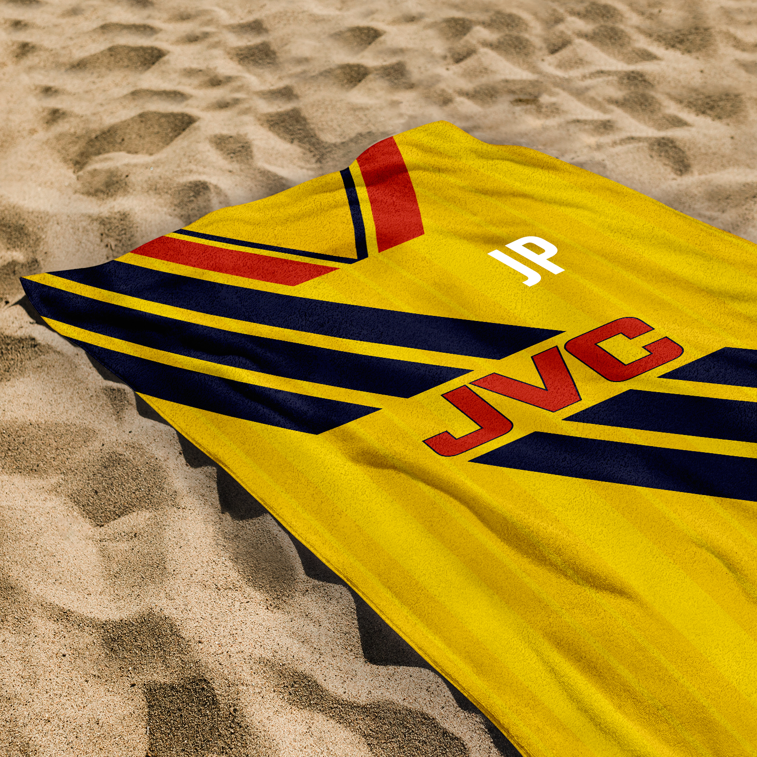 Arsenal 1993 Away Shirt Personalised Vintage Beach Towel - Laid On Sandy Beach