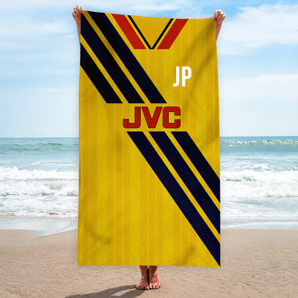 Arsenal 1993 Away Shirt Design - Personalised Vintage Beach Towel On Beach