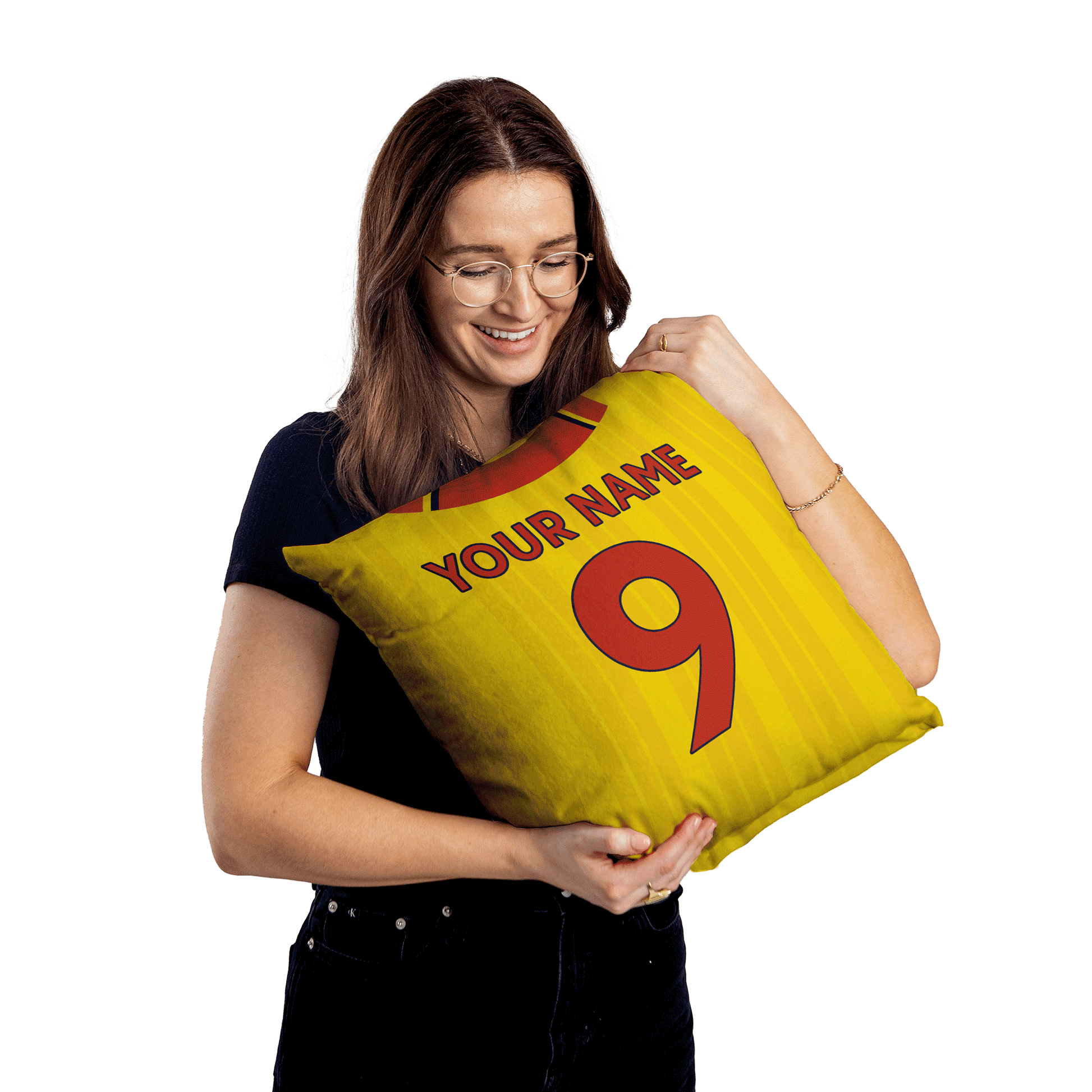 Woman Holding Arsenal Retro Football Kit Cushion