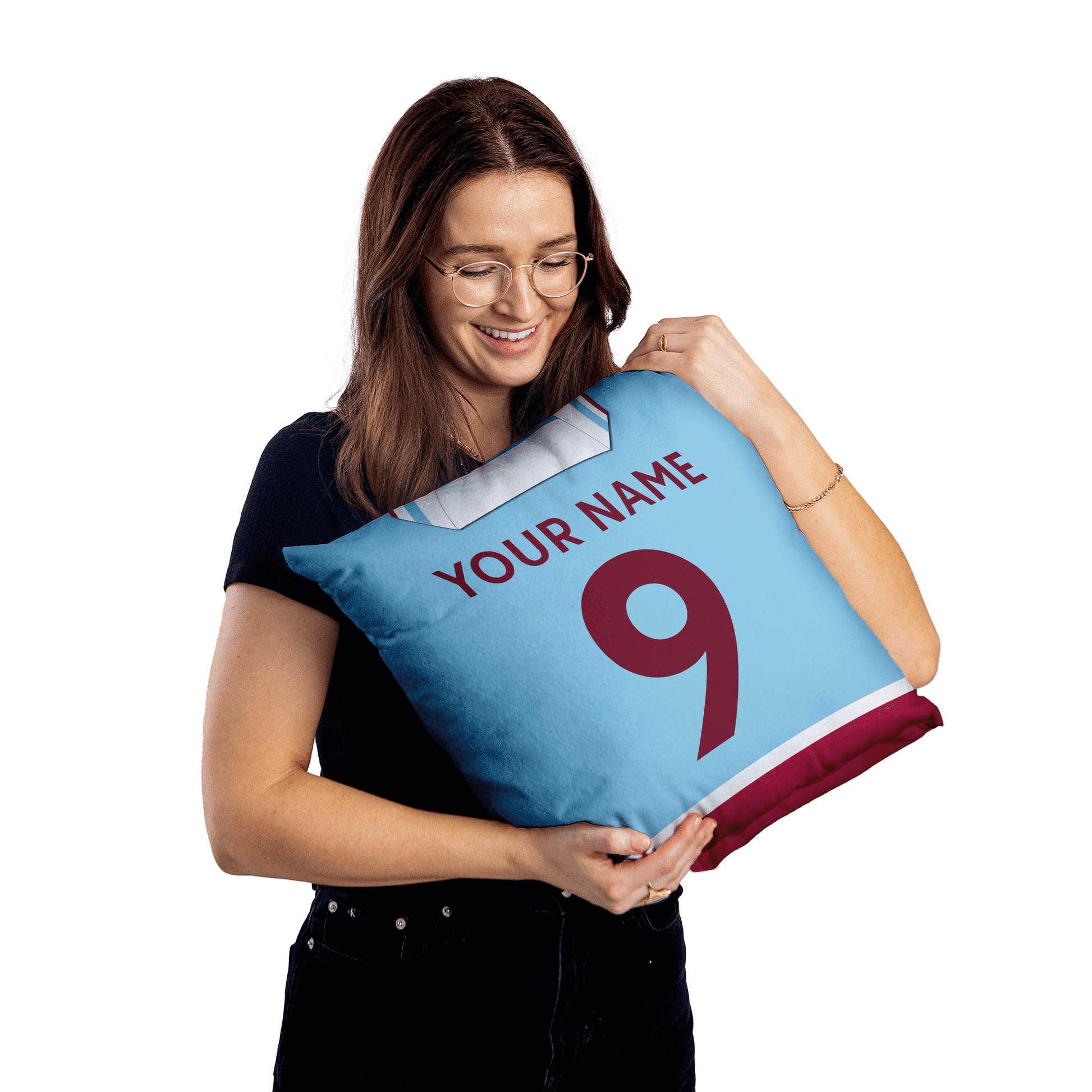 Woman holding Aston Villa Personalised Football Cushion Gift